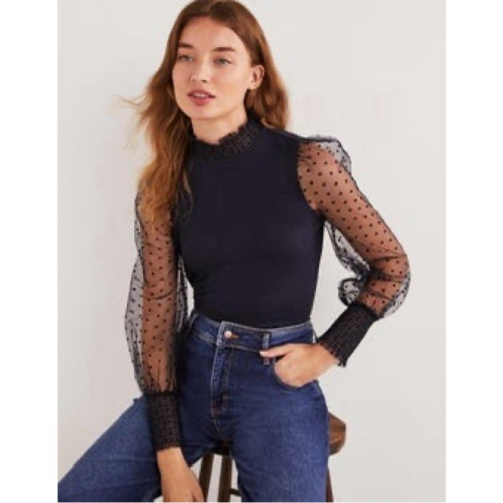 Boden Polka Dot Tulle Sheer Sleeve Party Top NWT